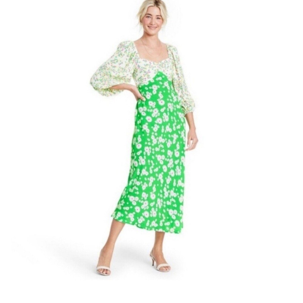 Rixo X Target Green and White Daisy Floral Puff 3/4 sleeve Midi Dress Size 10